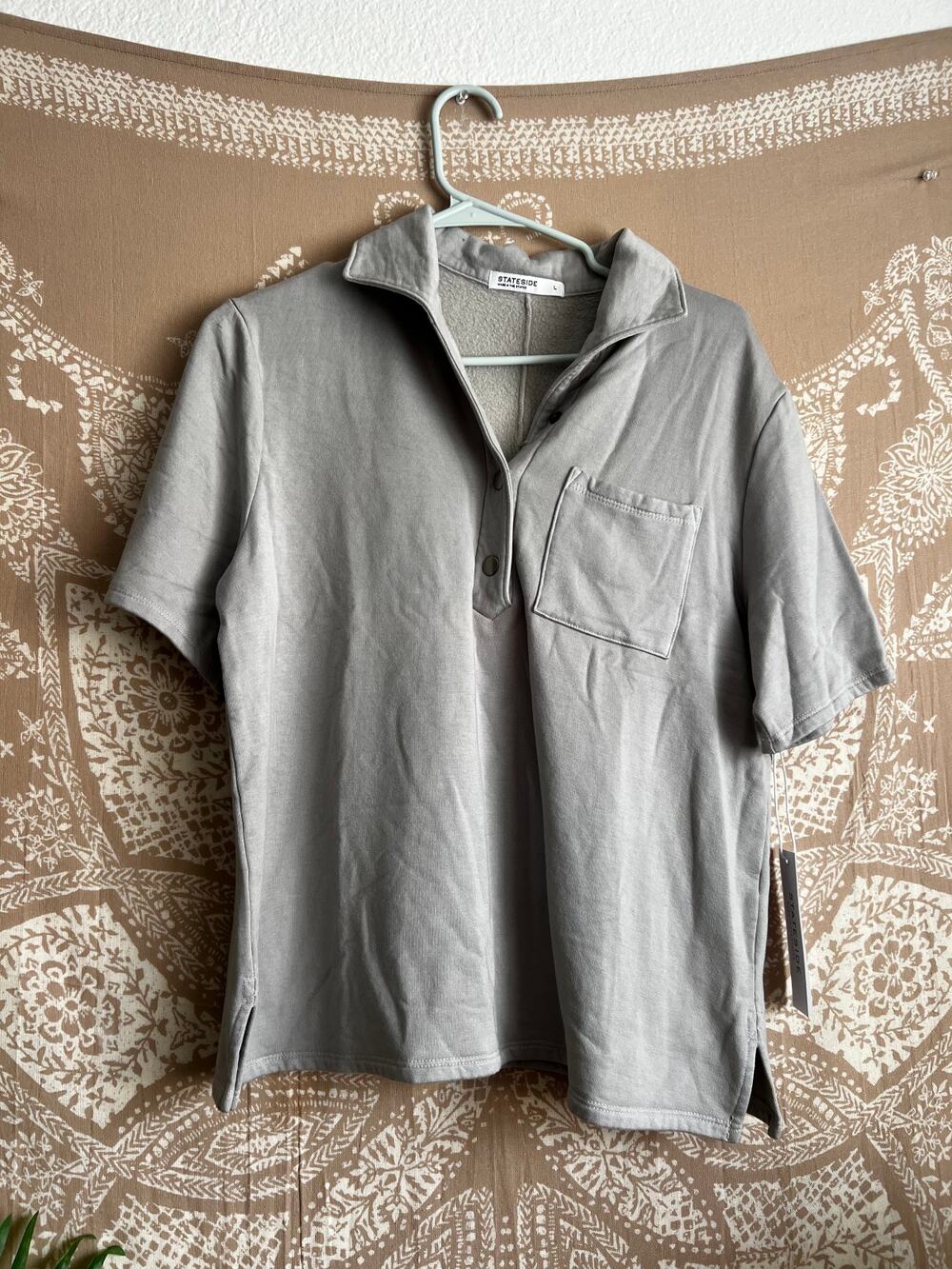 Stateside Sage Gray Short Sleeve Polo Top L NWT